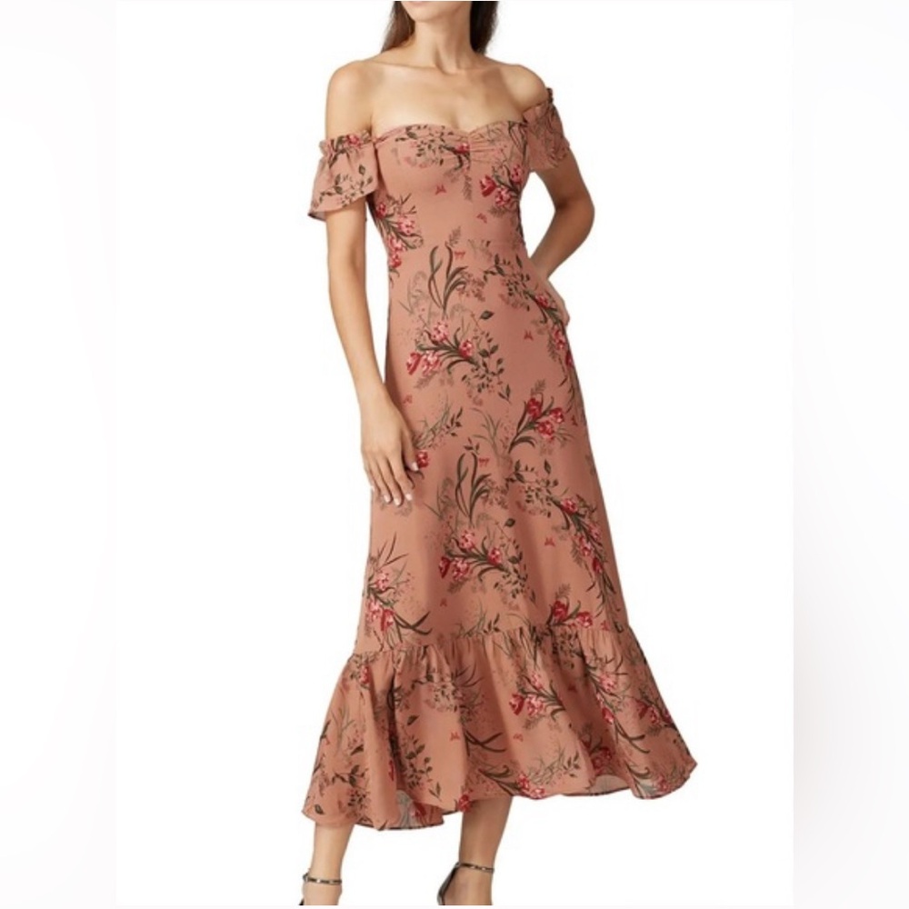 Reformation Floral Off-Shoulder Midi Dress in Pink and Red